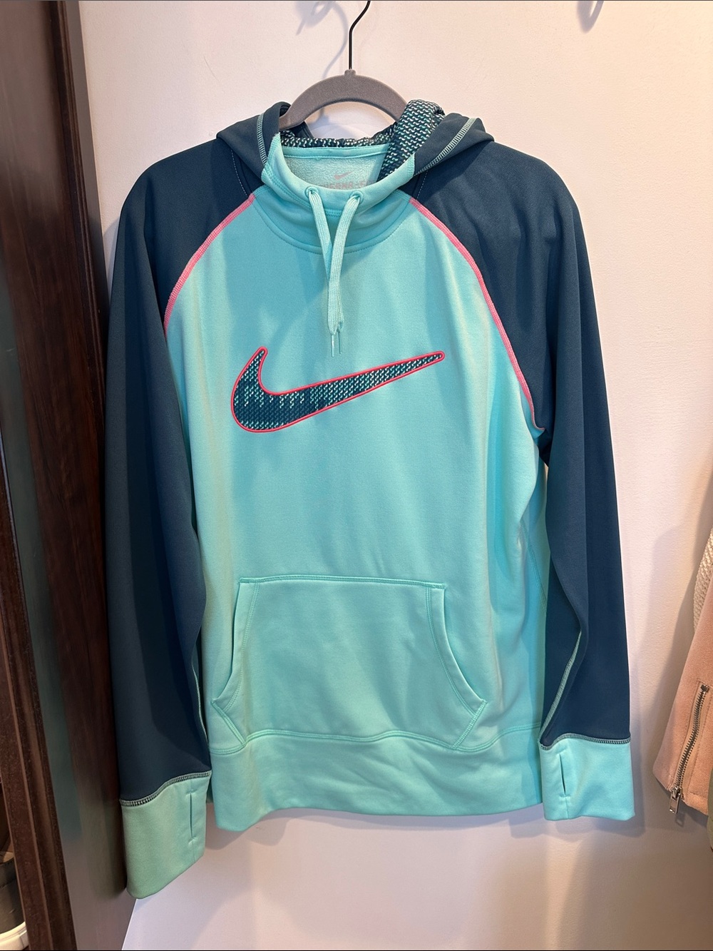 Nike Women’s Teal and Navy Hooded Performance Pullover with Pink Trim